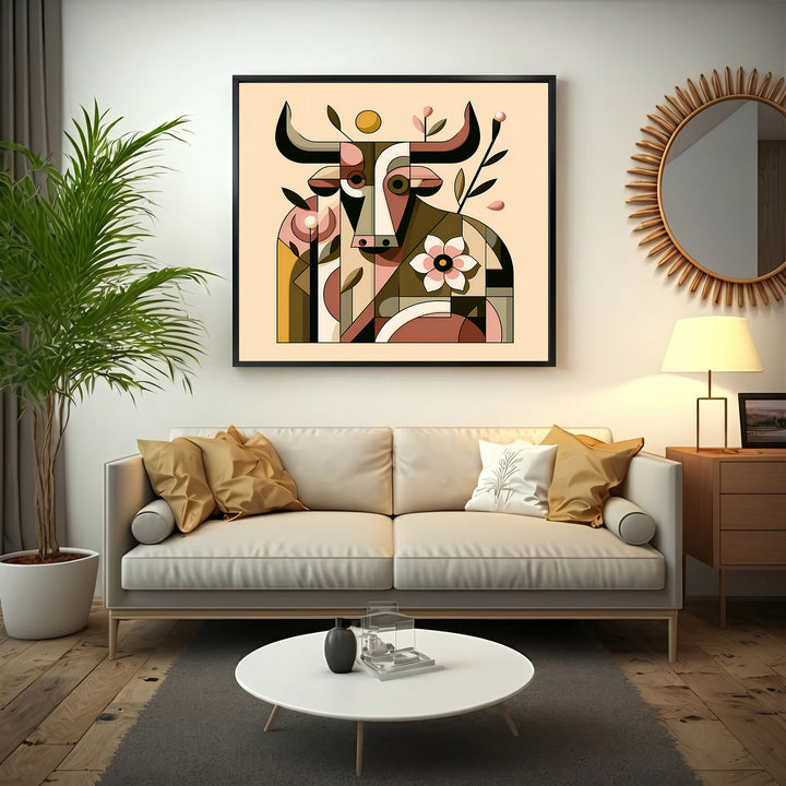 Wadi Home abstract geometric bull floral wall art in earthy tones and soft pinks, framed in black.