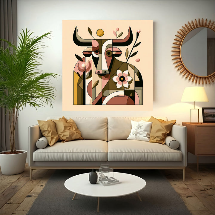 Wadi Home abstract geometric bull floral wall art in earthy tones and soft pinks, modern contemporary style.