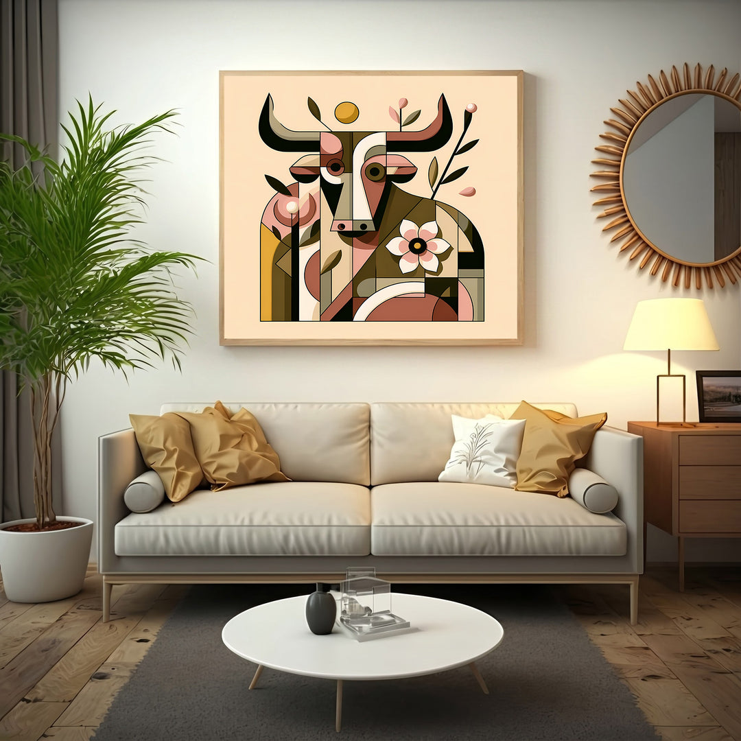 Wadi Home abstract geometric bull floral wall art in earthy tones and soft pinks, framed in light wood.