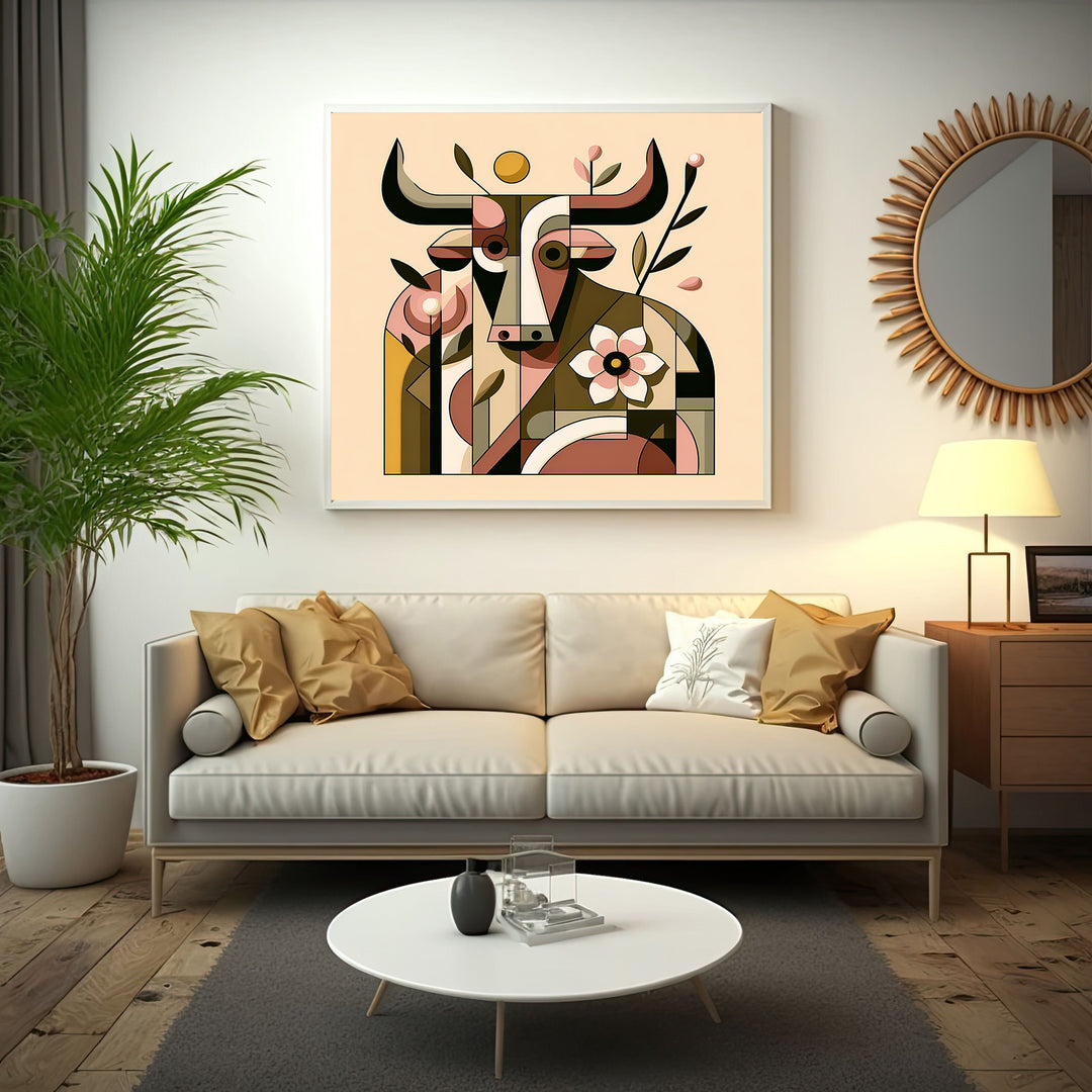Wadi Home abstract geometric bull floral wall art in earthy tones and soft pinks, modern contemporary style.
