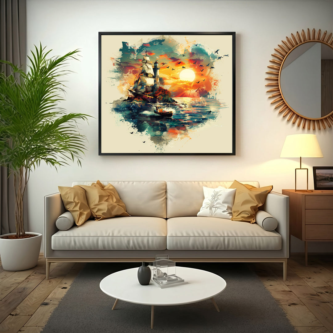 Wadi Home nautical sunset sailboat landscape wall art with vibrant colors and dynamic brushstrokes.