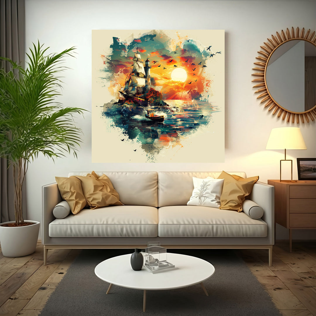 Wadi Home Nautical Sunset Sailboat Landscape Wall Art featuring a sailboat on a dramatic ocean sunset. Vibrant colors and dynamic brushstrokes.