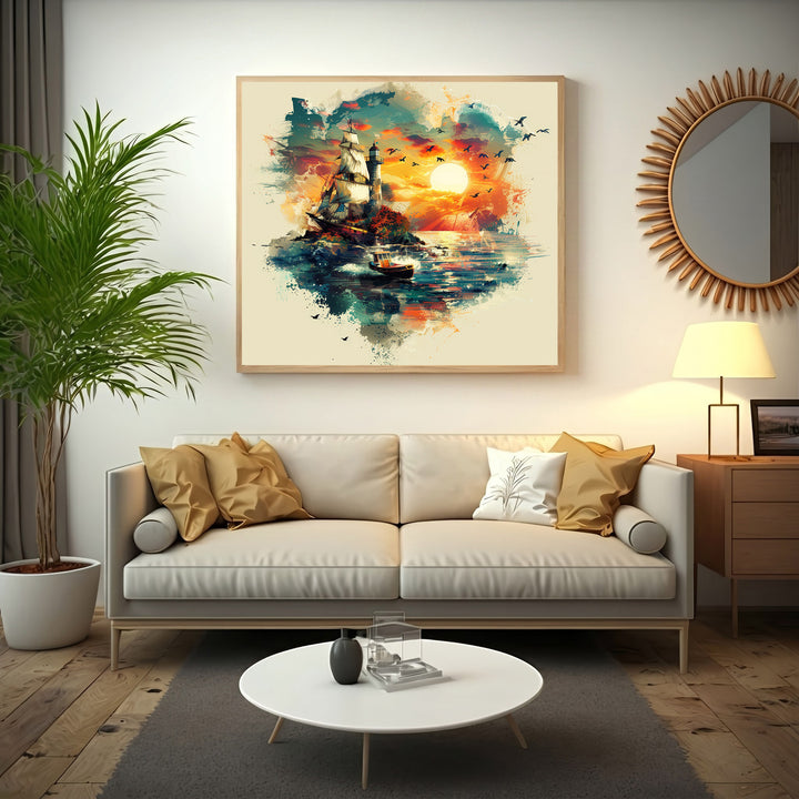 Wadi Home Nautical Sunset Sailboat Landscape Wall Art with vibrant colors and dynamic brushstrokes, featuring a sailboat and lighthouse.