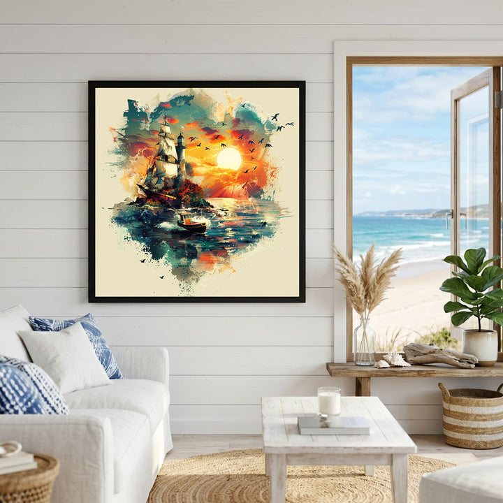Wadi Home nautical sunset sailboat landscape wall art with vibrant colors and dynamic brushstrokes.