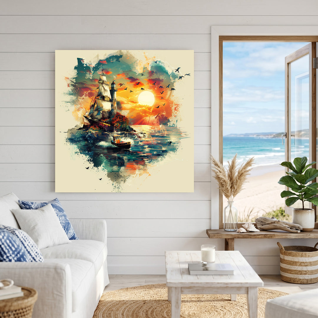 Wadi Home Nautical Sunset Sailboat Landscape Wall Art featuring a sailboat on a dramatic ocean sunset. Vibrant colors and dynamic brushstrokes.