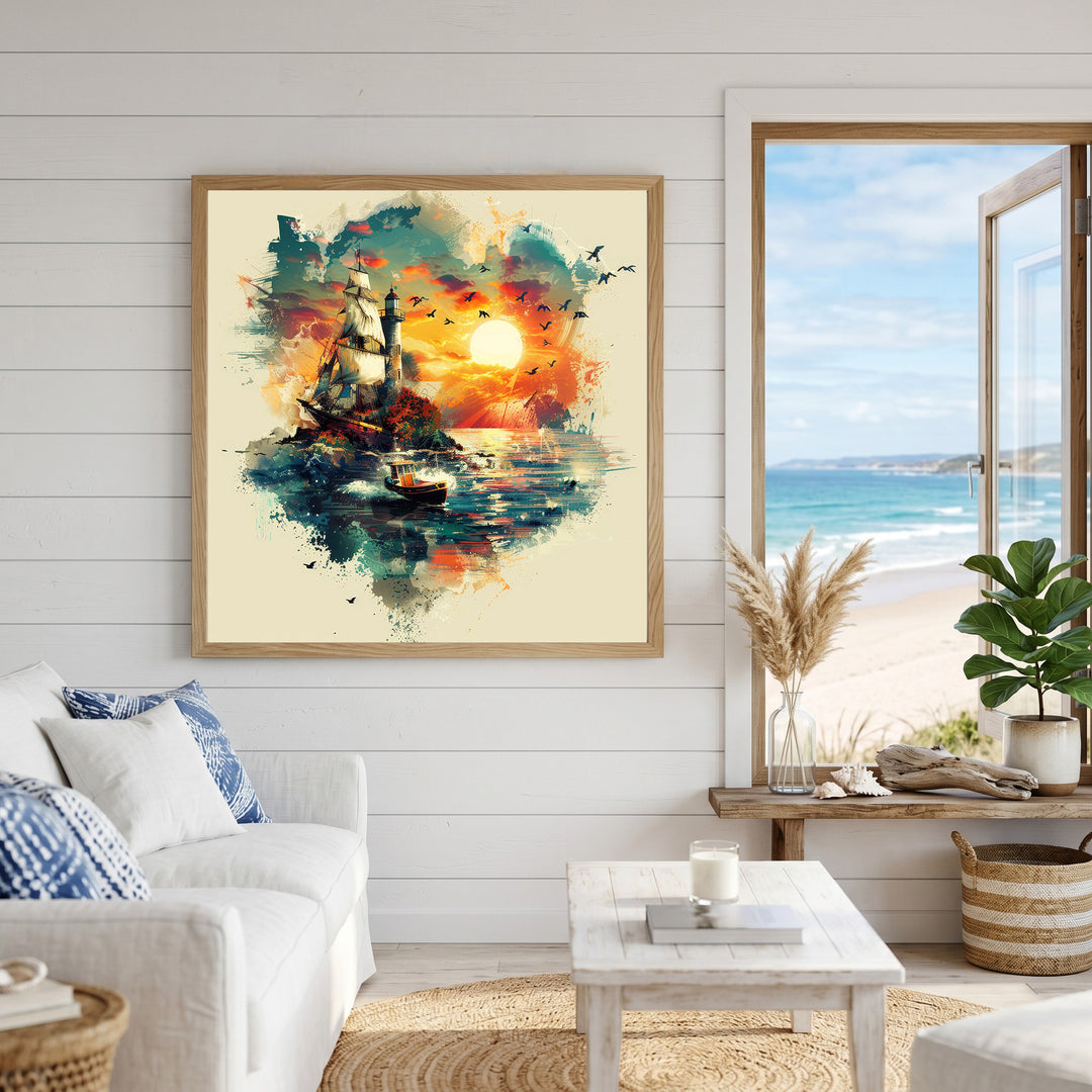 Wadi Home Nautical Sunset Sailboat Landscape Wall Art with vibrant colors and dynamic brushstrokes, featuring a sailboat and lighthouse.