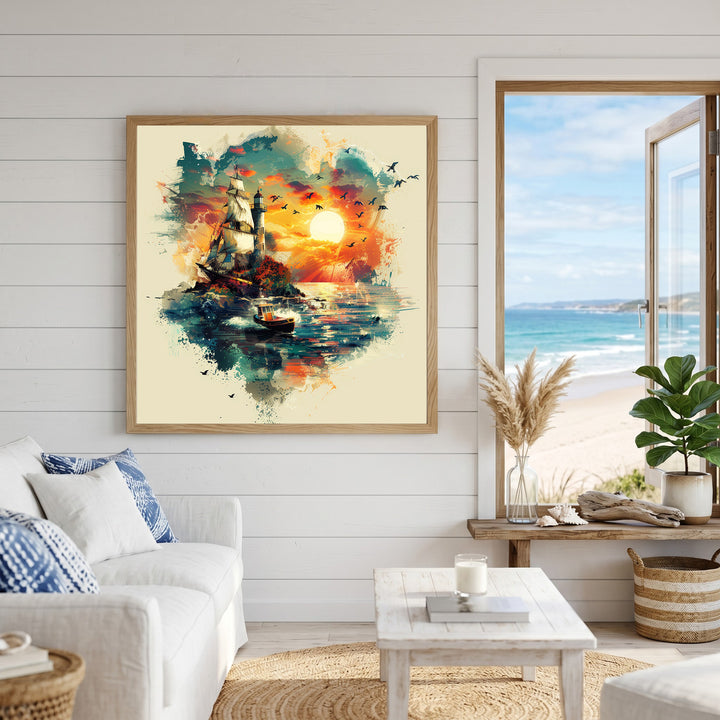 Wadi Home Nautical Sunset Sailboat Landscape Wall Art with vibrant colors and dynamic brushstrokes, featuring a sailboat and lighthouse.