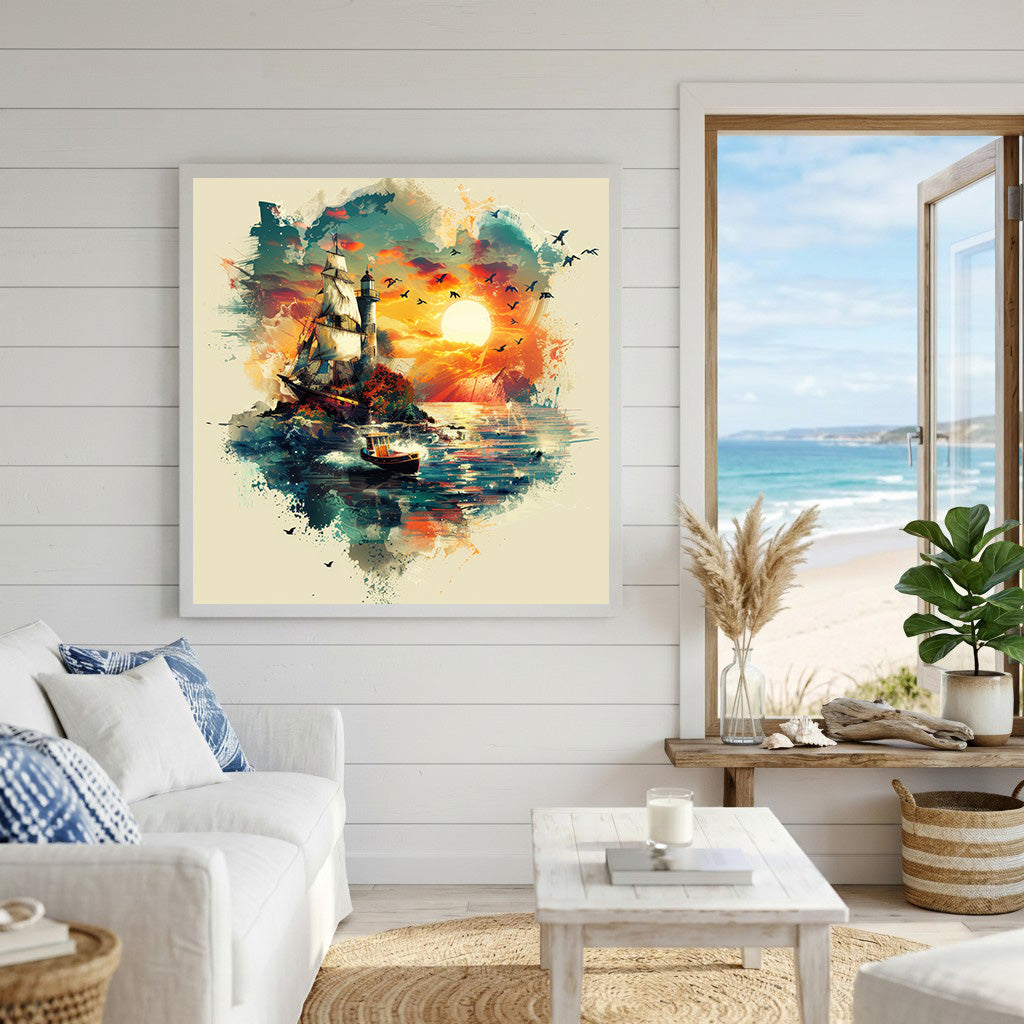 Wadi Home nautical sunset sailboat landscape wall art with vibrant colors and dynamic brushstrokes.