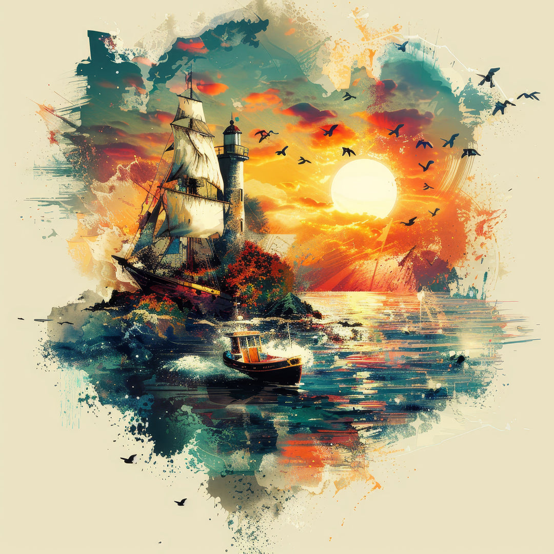 Wadi Home Nautical Sunset Sailboat Landscape Wall Art featuring a sailboat on a dramatic ocean sunset. Vibrant colors and dynamic brushstrokes.