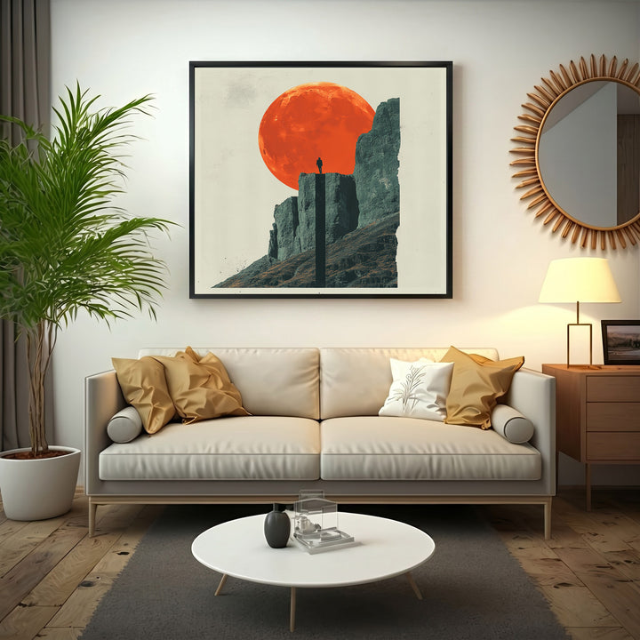 Wadi Home 'Solitude Under The Crimson Moon' art print: lone figure on mountain peak against large crimson moon.