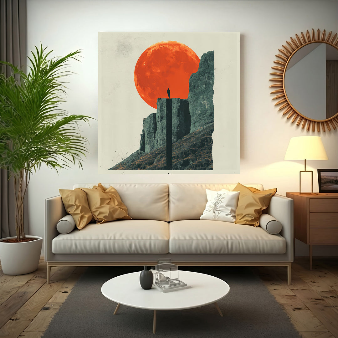 Wadi Home 'Solitude Under The Crimson Moon' artwork: lone figure silhouetted on mountain peak under large crimson moon.