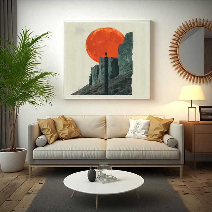 Wadi Home 'Solitude Under The Crimson Moon' art print: lone figure on mountain peak under large orange moon.