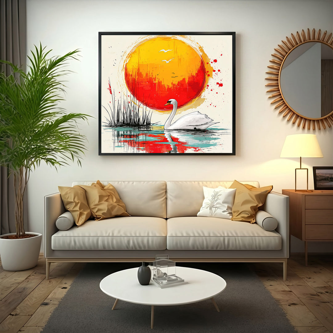 Wadi Home Serene Swan Sunset Wall Art: A white swan glides on water with reeds and a vibrant orange-red sun.