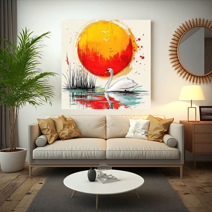 Wadi Home Serene Swan Sunset Wall Art. White swan on water with vibrant orange and red sunset.