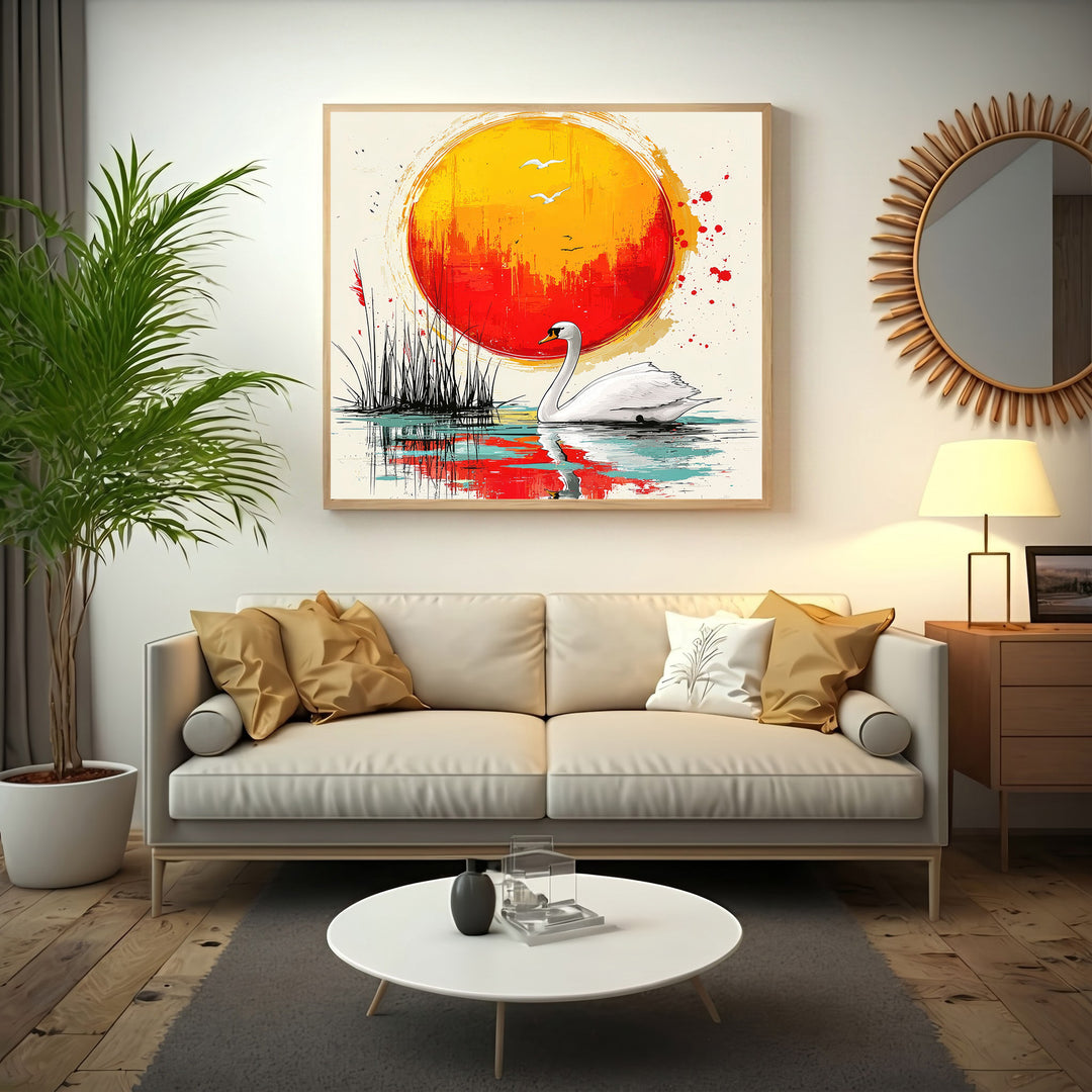 Wadi Home Serene Swan Sunset Wall Art featuring a white swan on water with a vibrant orange and red sunset.
