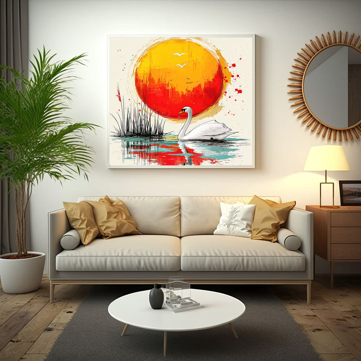 Wadi Home Serene Swan Sunset Wall Art: white swan on water with vibrant orange and red sun.