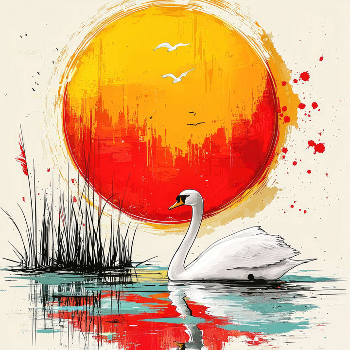 Wadi Home Serene Swan Sunset Wall Art. White swan on water with vibrant orange and red sunset.