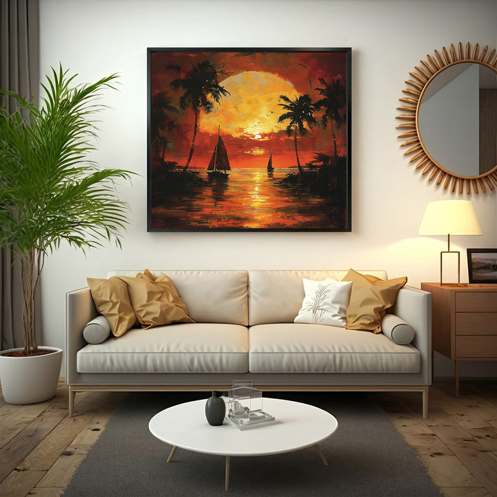 Wadi Home tropical sunset sailboat wall art with vibrant orange and yellow hues, silhouetted palm trees and ocean scene.