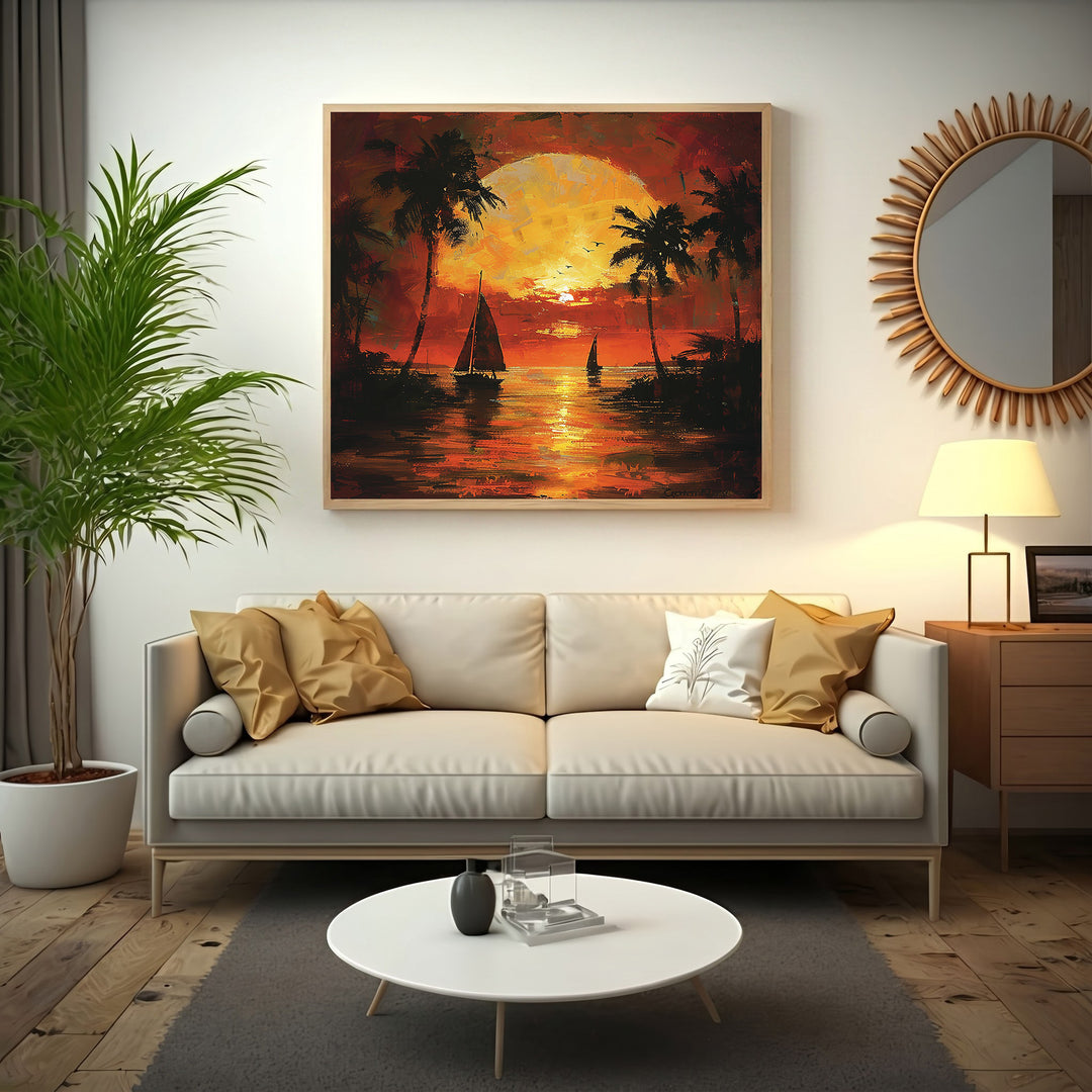 Wadi Home tropical sunset sailboat wall art with vibrant orange and yellow hues, palm trees, and two sailboats.