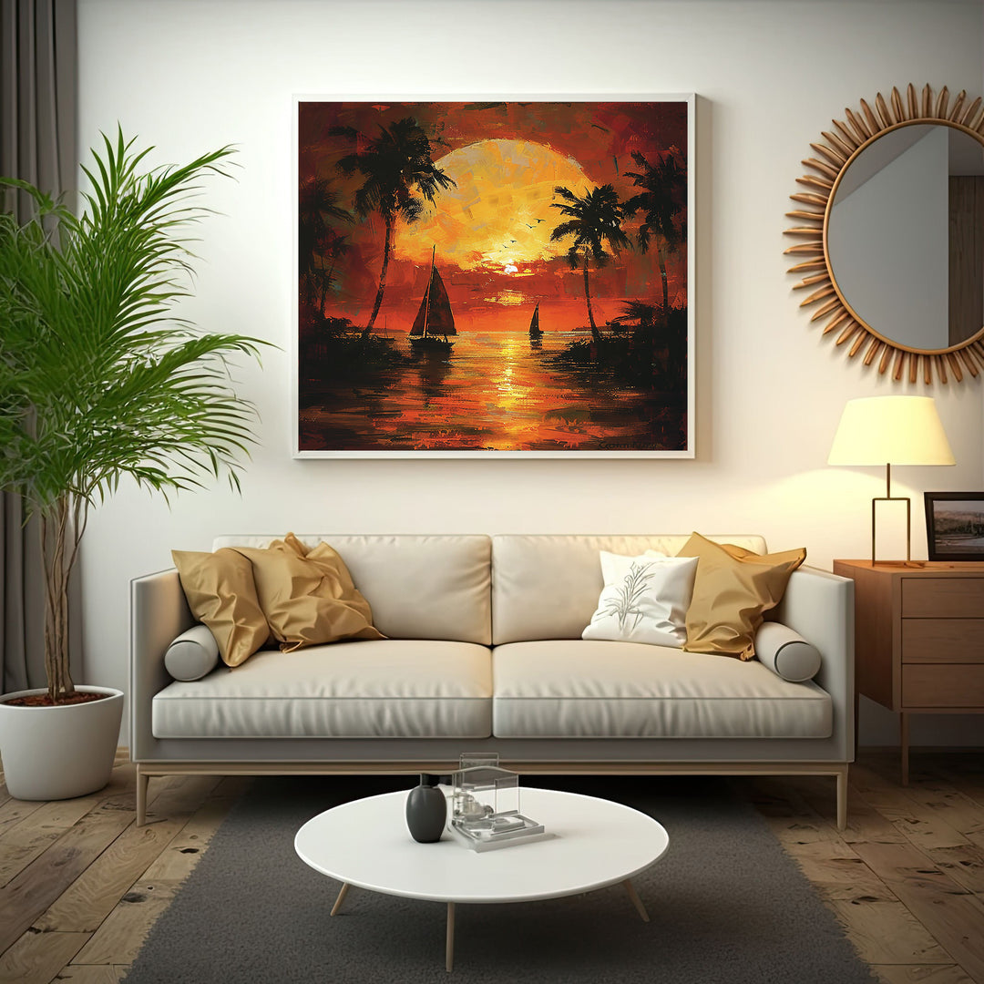 Wadi Home tropical sunset sailboat wall art with vibrant orange and yellow hues, palm trees, and two sailboats.