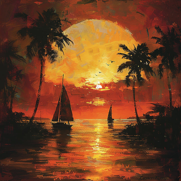 Wadi Home tropical sunset sailboat wall art with vibrant orange and yellow hues, silhouetted palm trees, and two sailboats on the ocean.