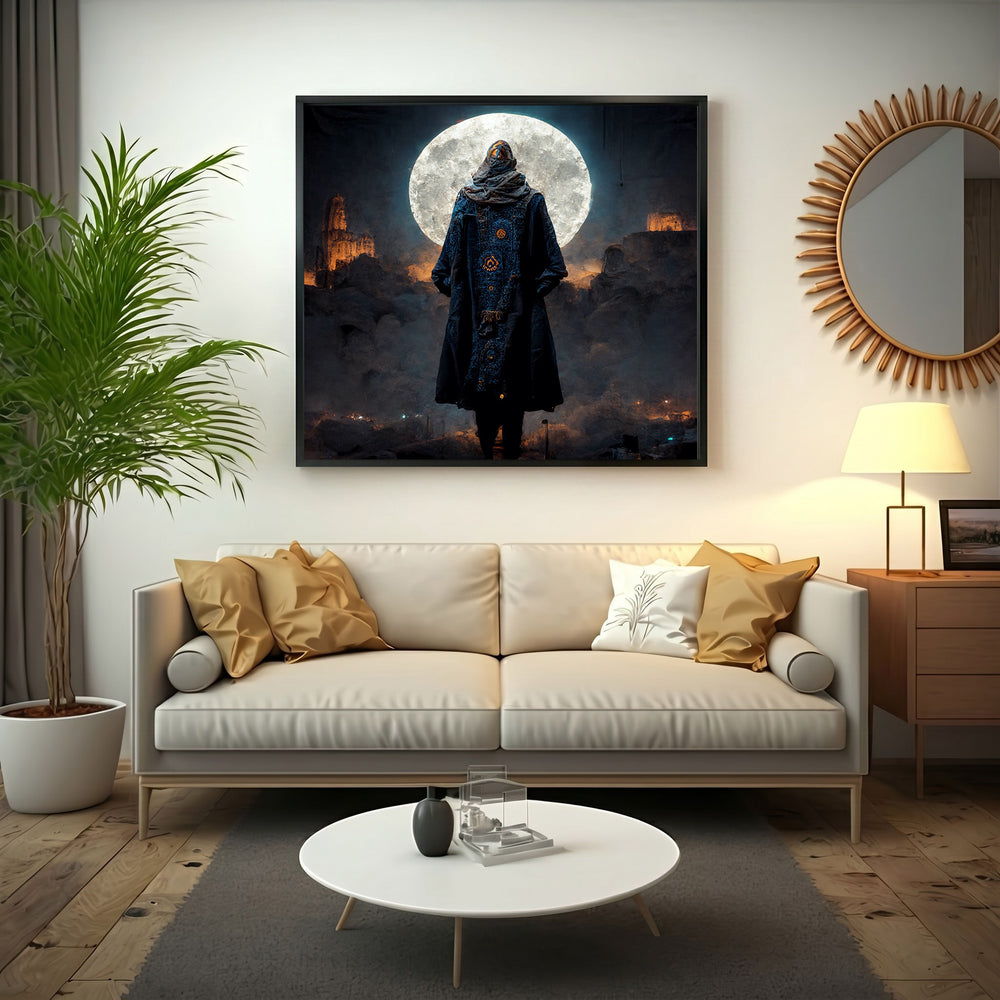 Wadi Home mystical figure under the moon wall art, dark cloak with intricate patterns, luminous full moon, atmospheric clouds, dramatic lighting.