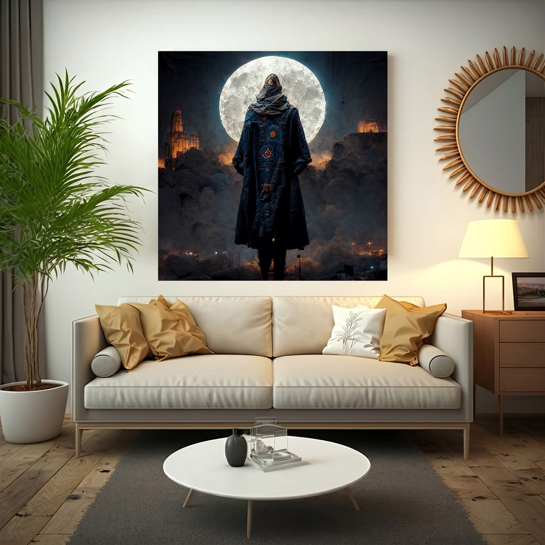 Wadi Home mystical figure under moon wall art, dark blue cloak with intricate patterns, full moon, atmospheric clouds, dramatic lighting.