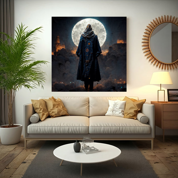 Wadi Home mystical figure under moon wall art, dark blue cloak with intricate patterns, full moon, atmospheric clouds, dramatic lighting.