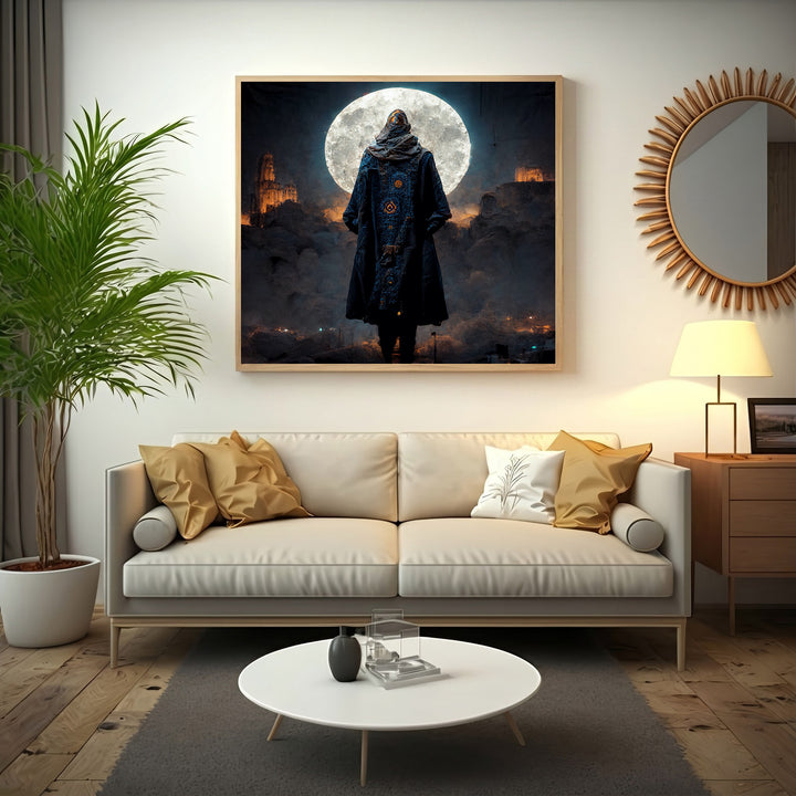 Wadi Home mystical figure under full moon wall art, dark blue cloak with intricate patterns, atmospheric clouds, dramatic lighting.
