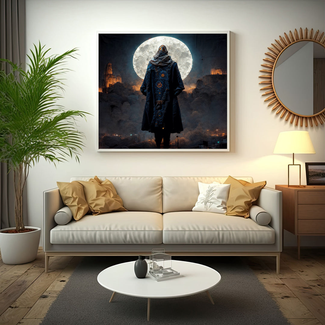 Wadi Home mystical figure under a full moon wall art, cloaked in a dark blue patterned robe.
