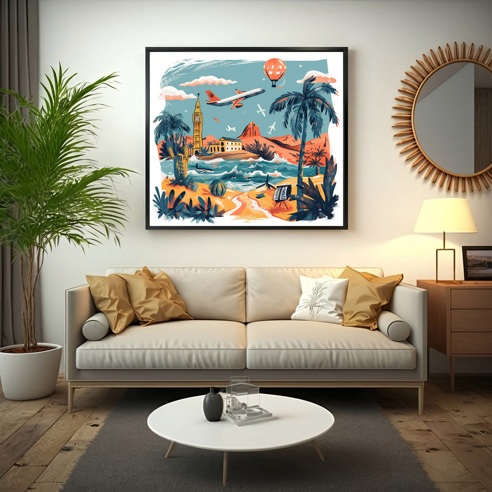 Wadi Home Global Travel Adventure Wall Art featuring a vibrant collage of travel destinations including Big Ben, beaches, deserts, and airplanes.