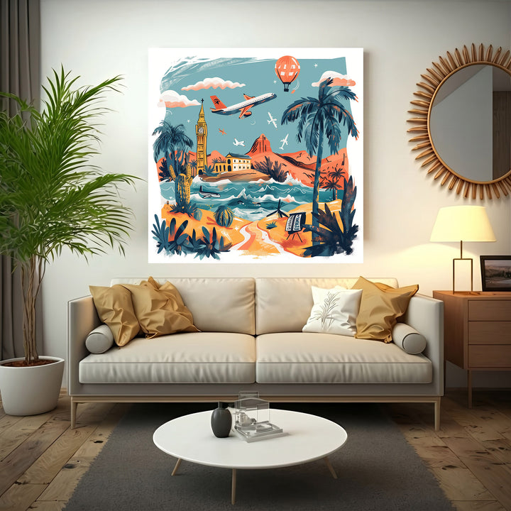 Wadi Home Global Travel Adventure Wall Art featuring a collage of travel destinations including Big Ben, tropical beaches, desert landscapes, and airplanes.