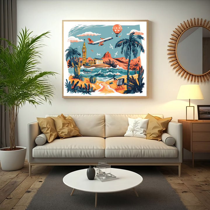 Wadi Home Global Travel Adventure Wall Art featuring a vibrant collage of travel destinations including Big Ben, beaches, deserts, and airplanes.