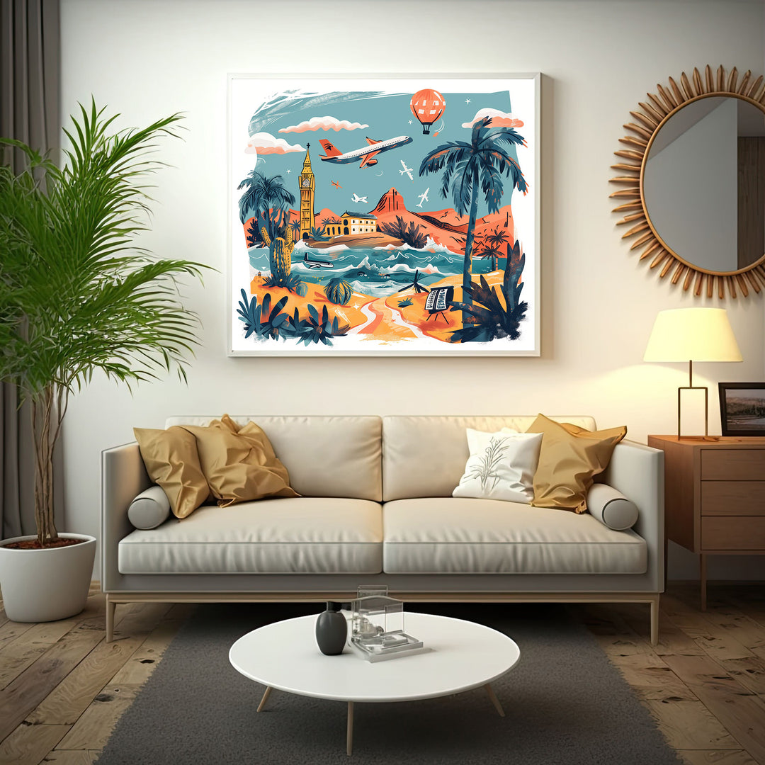 Wadi Home Global Travel Adventure Wall Art featuring a vibrant collage of travel destinations including Big Ben, tropical beaches, desert landscapes, and air travel.
