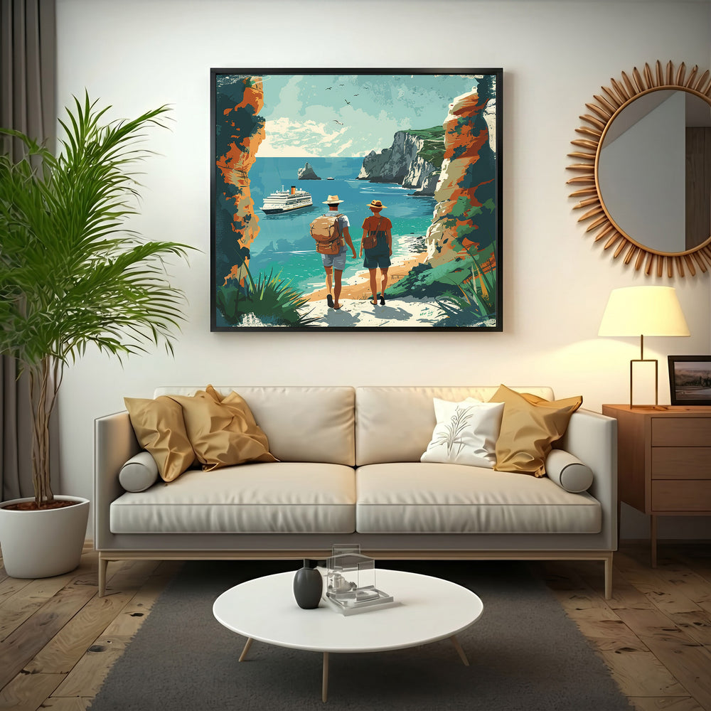 Wadi Home Coastal Voyage art: two figures walk towards a cruise ship on turquoise water, framed by cliffs.