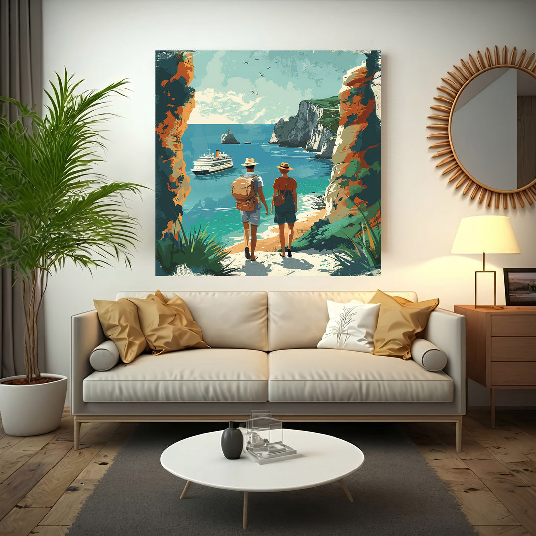 Wadi Home Coastal Voyage wall art: two figures walk towards a cruise ship on turquoise water, framed by cliffs.