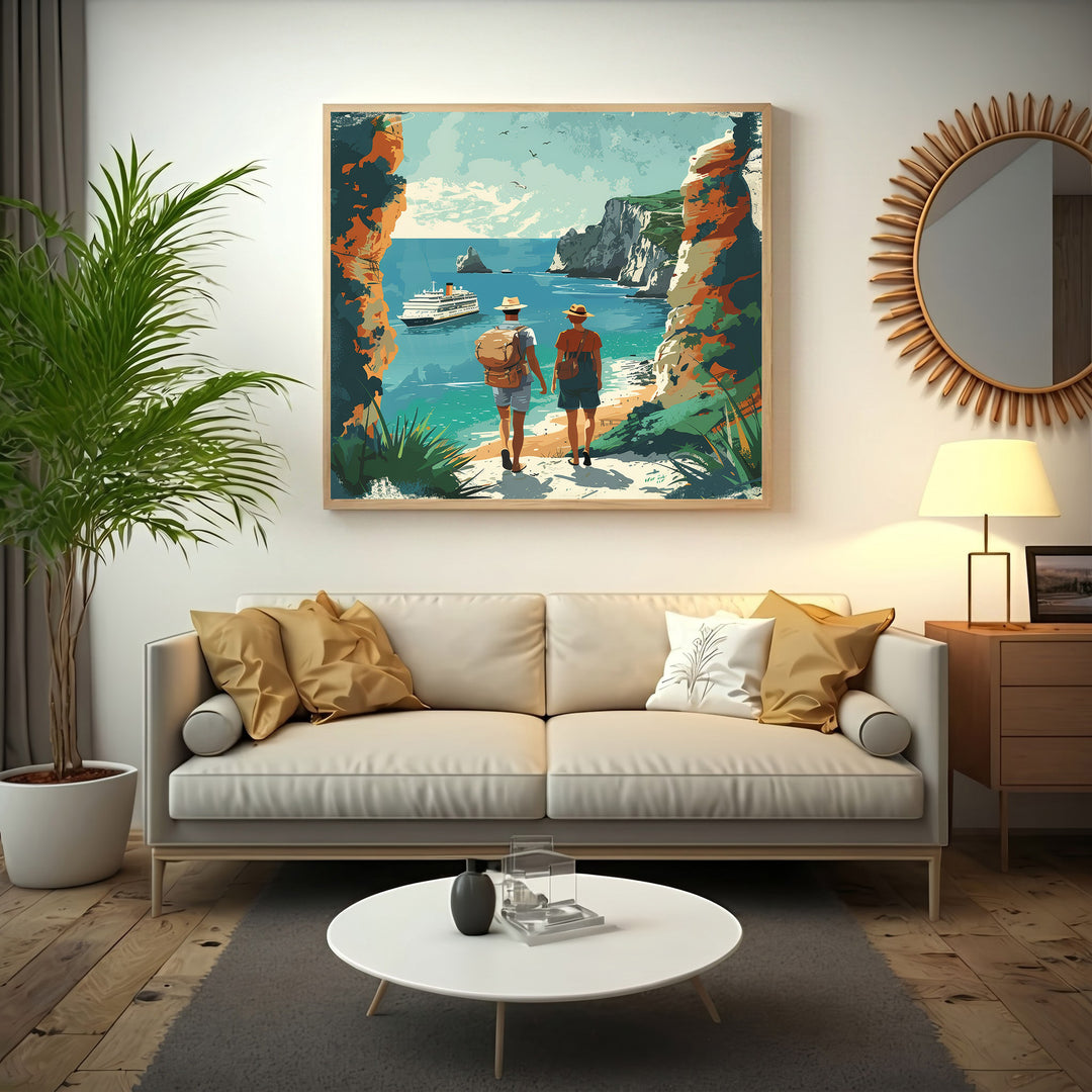 Wadi Home Coastal Voyage wall art: two figures walk on a path overlooking turquoise sea, cruise ship, cliffs, and greenery.
