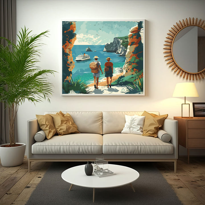 Wadi Home Coastal Voyage art: two figures walk towards a cruise ship on turquoise water, framed by cliffs.