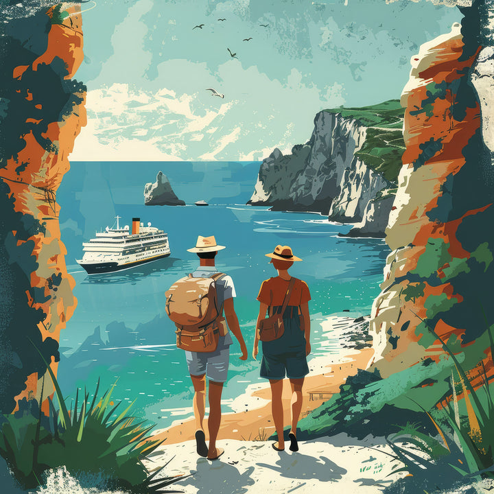 Wadi Home Coastal Voyage wall art: two figures walk towards a cruise ship on turquoise water, framed by cliffs.