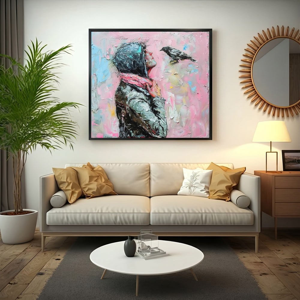Wadi Home artwork: woman in hooded jacket and pink scarf looking at bird, textured pink background, impasto technique.