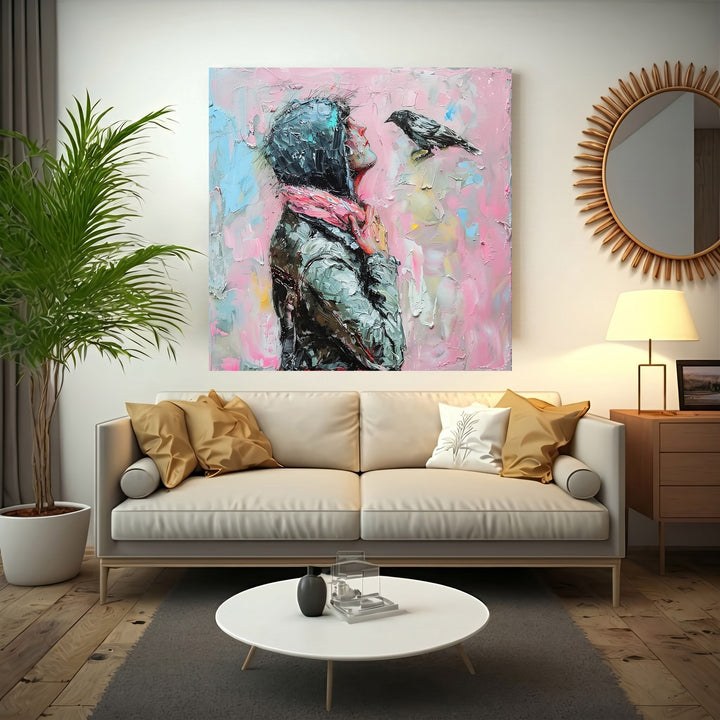 Wadi Home painting of a woman in a hooded jacket and pink scarf looking up at a bird against a textured pink background, impasto technique.
