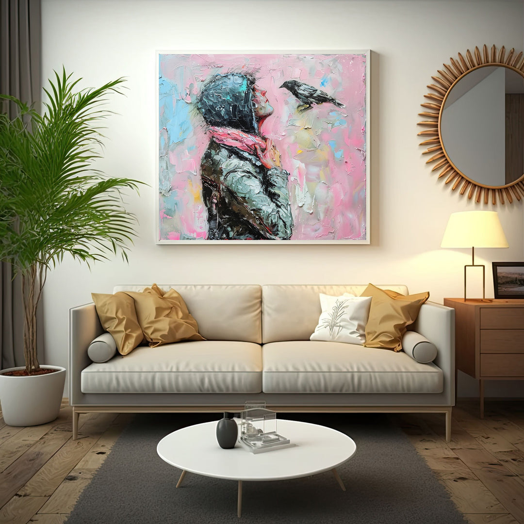 Wadi Home painting of a woman in a hooded jacket and pink scarf looking at a bird against a textured pink background.