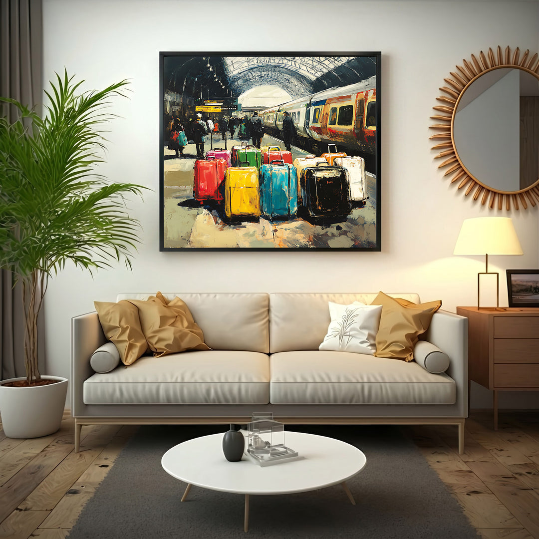 Wadi Home Train Station Luggage Art Print with colorful suitcases on a platform, impressionistic style.