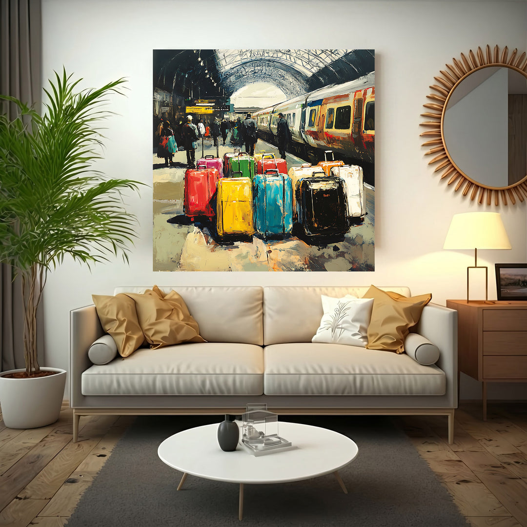 Wadi Home Train Station Luggage Art Print, impressionistic style, colorful suitcases on platform with train.