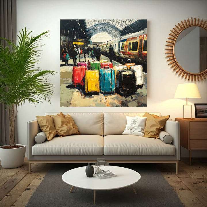 Wadi Home Train Station Luggage Art Print, impressionistic style, colorful suitcases on platform with train.