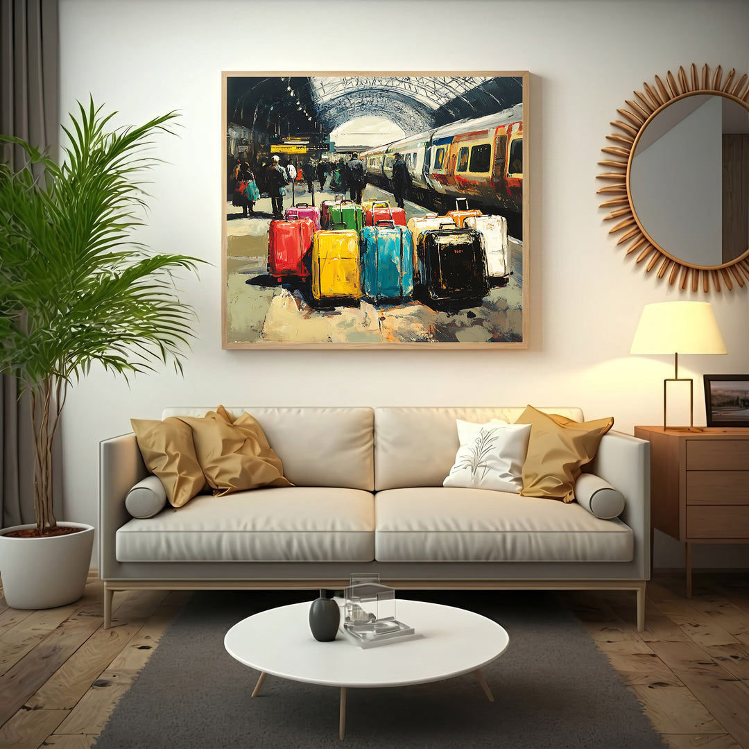 Wadi Home Train Station Luggage Art Print, impressionistic style with colorful suitcases on a platform next to a train.