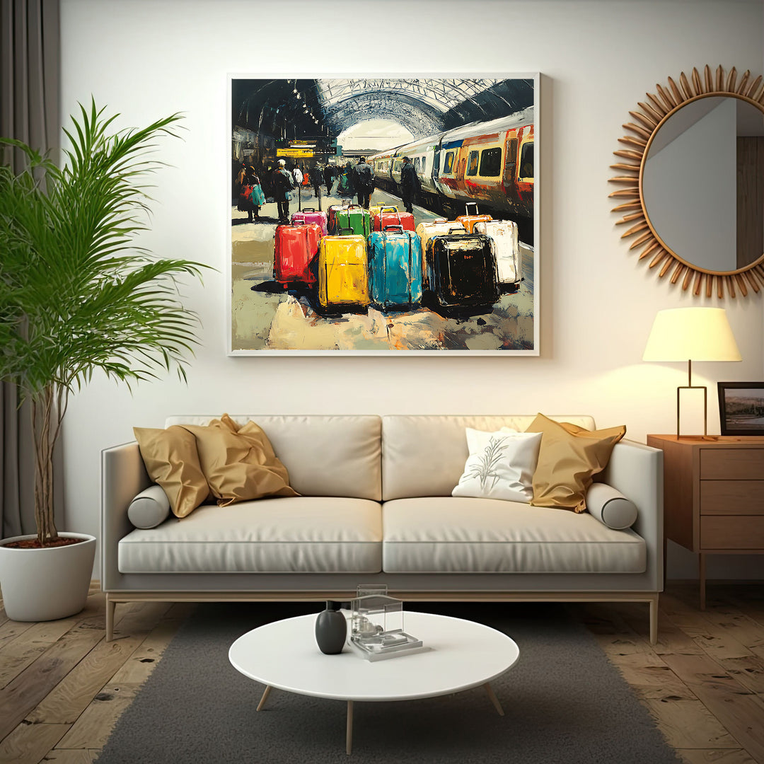 Wadi Home Train Station Luggage Art Print with colorful suitcases on a platform next to a train. Impressionistic style.