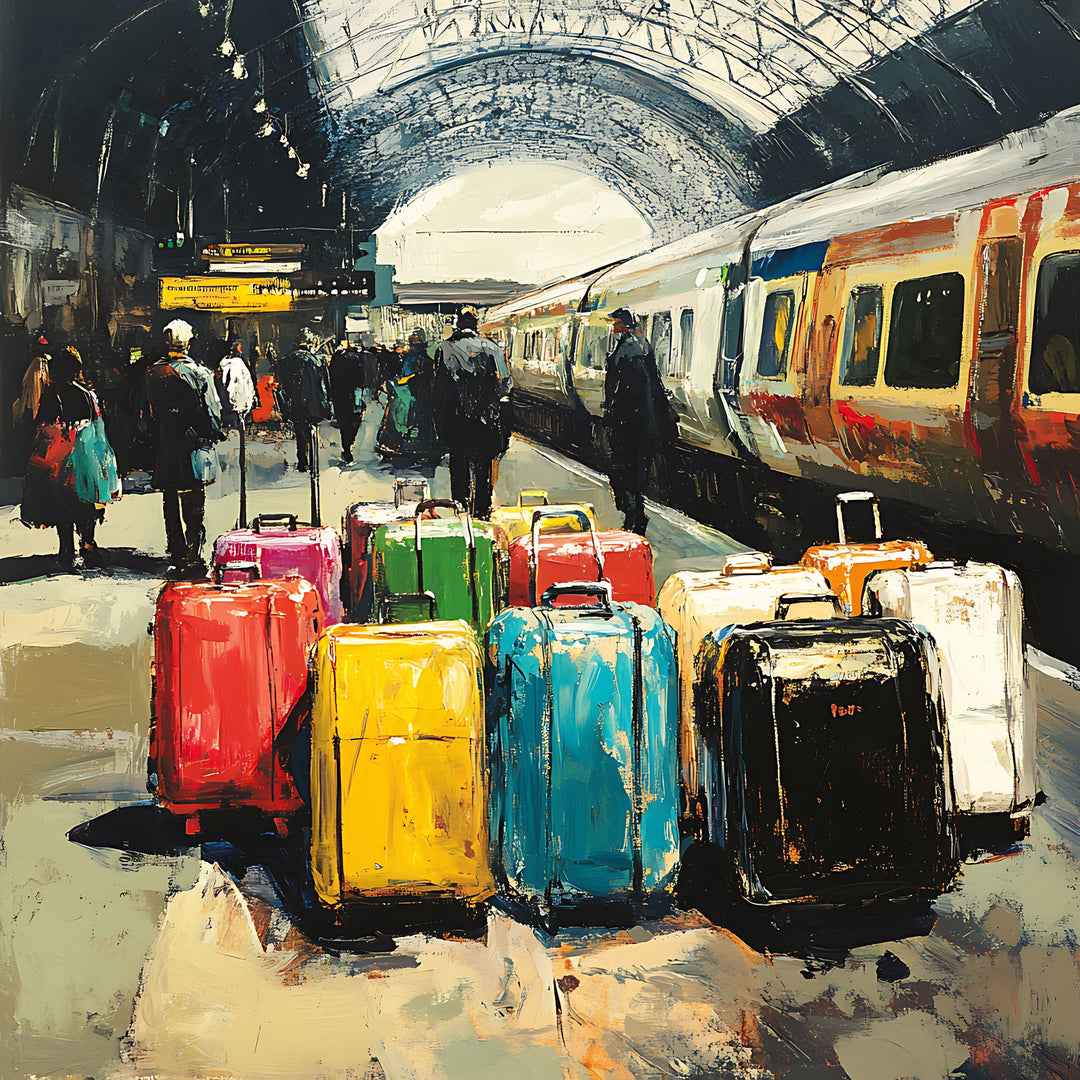 Wadi Home Train Station Luggage Art Print, impressionistic style, colorful suitcases on platform with train.
