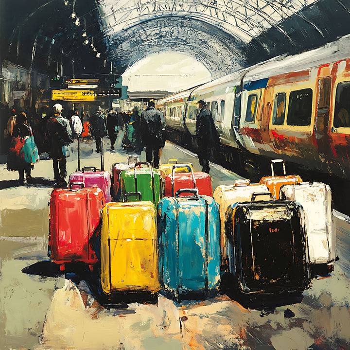 Wadi Home Train Station Luggage Art Print, impressionistic style, colorful suitcases on platform with train.