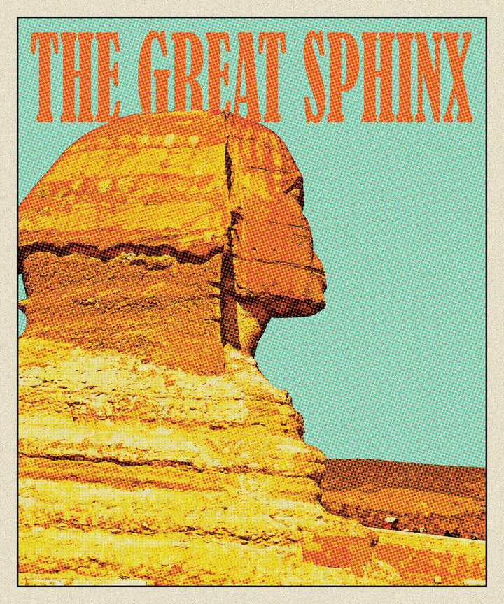 Wadi Home Great Sphinx vintage poster with bold graphic design and retro aesthetic. Features vibrant orange and yellow tones against a teal background.